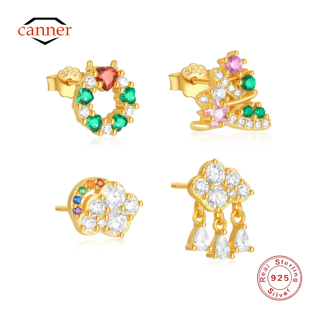 CANNER Colored Zircon Christmas Tree 925 Sterling Silver Stud Earring For Women Ins Lucky Ring Antlers Earring Fine Jewelry Gift