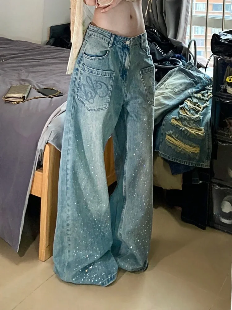 

American Style Glittering Diamond Women's Loose Wide Leg Jeans High Waist Casual Wear Resistant Durable Summer Fashion
