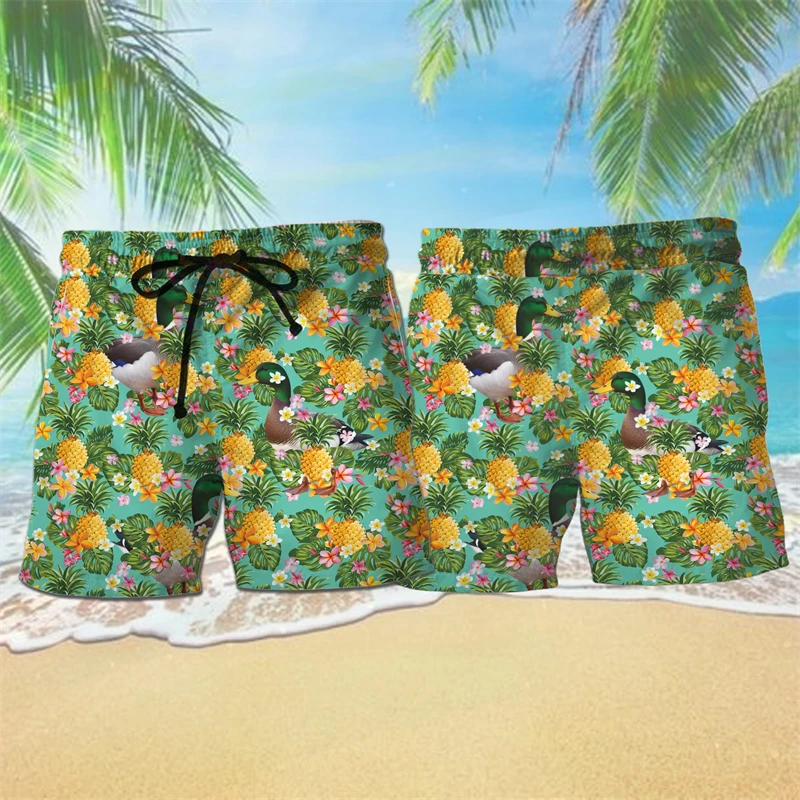 Animal Duck Cow Hawaiian Flower Graphic Short Pants For Men Clothes Chicken Deer 3D Printed Beach Shorts Aloha Kids Trunks Top