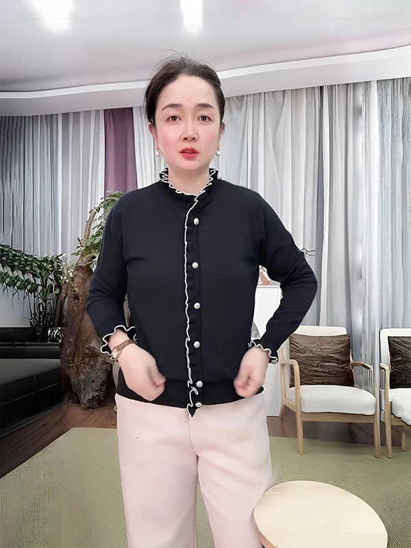 

Вязаный кардиган Ele для женщин, зимний, модный, с цветными вставками, воротником, из смесовой хлопково-шерстяной ткани, с длинными рукавами-лепестками