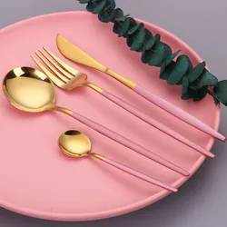 Juego de cubiertos de acero inoxidable, cubiertos de oro rosa, cuchillo, tenedor, cuchara, lavavajillas, envío directo