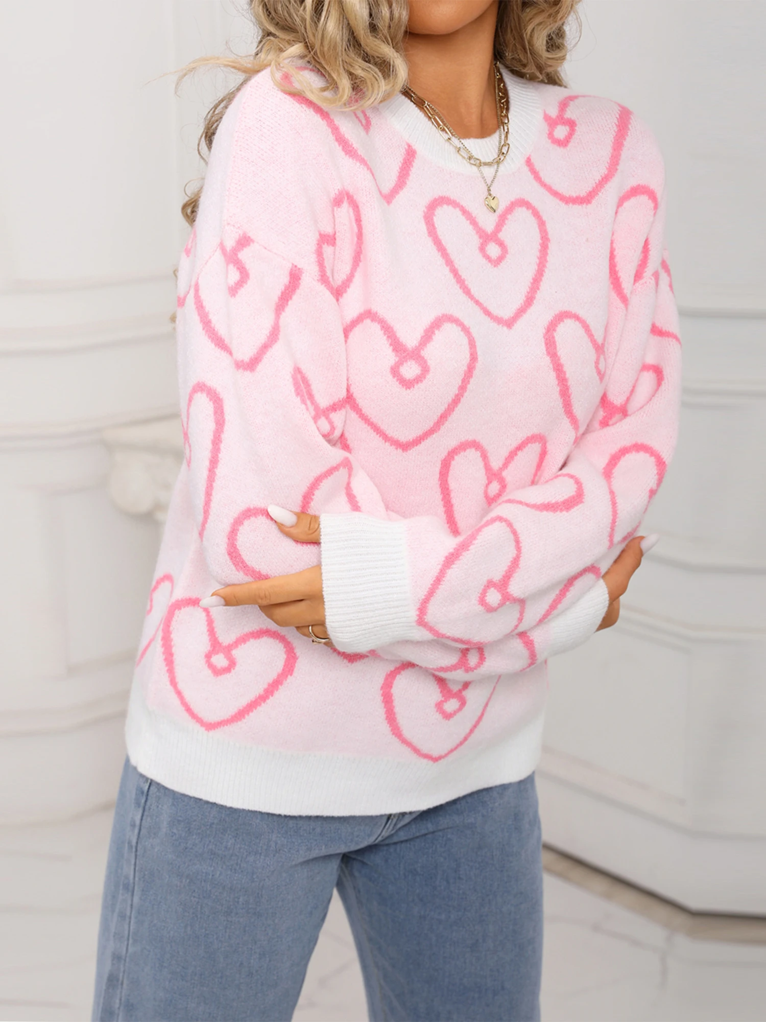 เสื้อสเวตเตอร์ไหมพรมถักแบบสบายๆ สำหรับผู้หญิง แฟชั่นฤดูใบไม้ร่วงฤดูหนาว คอทรงกลม แขนยาว สไตล์ลำลอง