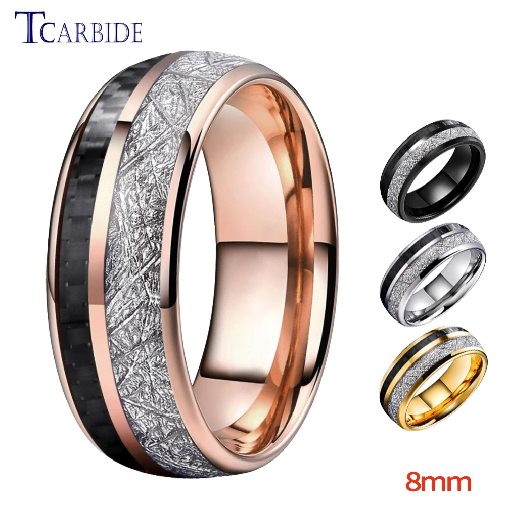 8MM Men Women Tungsten Wedding Band With White Meteorite And Black Carbon Fiber Inlay Trendy Gift Jewelry Comfort Fit