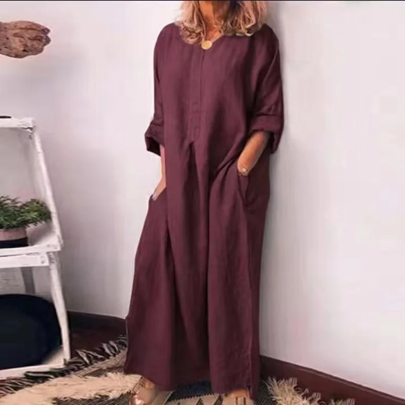 Vintage Cotton Linen Summer Clothes for Women Round Neck Solid Color Splicing Pockets Loose-fitting Long Sleeve Slit Long Dress