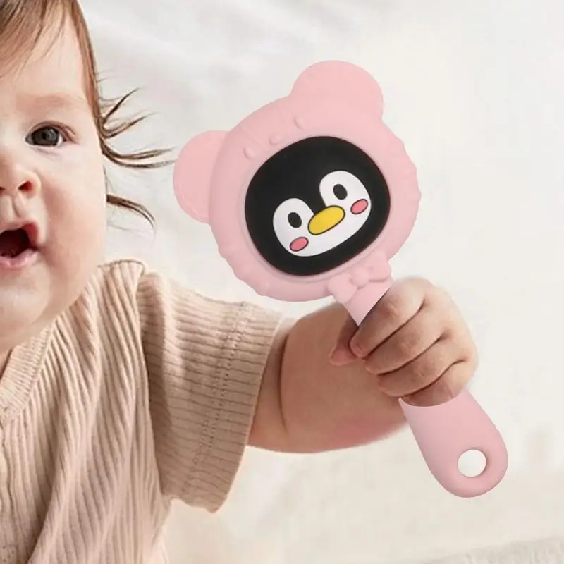 Morbido sonaglio per bambini carino massaggiagengive in silicone massaggiagengive multifunzionale per cartoni animati per bambini ragazzi ragazze sonaglio a mano in silicone facile da impugnare