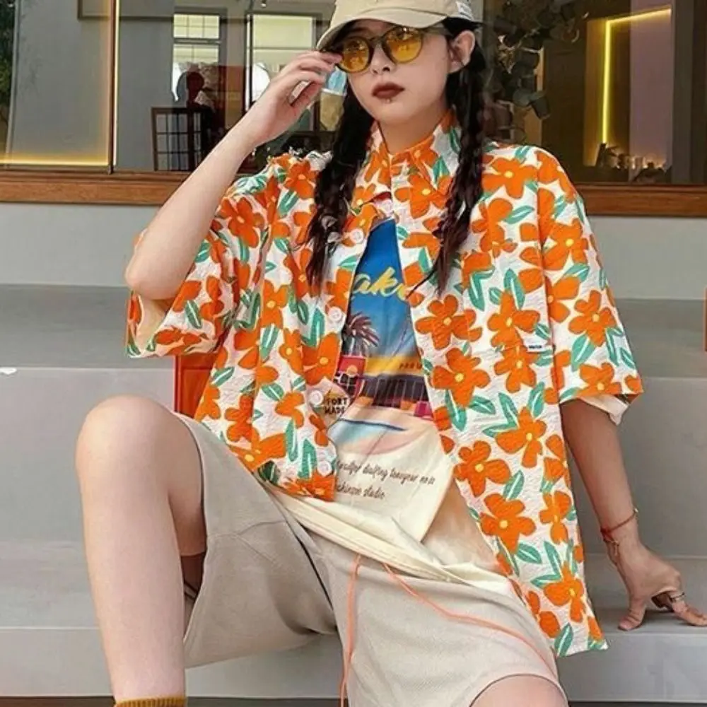 

Fashion V-neck Floral Short Sleeve Shirts Y2K Loose Flower Blouse Women Streetwear Retro Sweet Girls Shirts Beachwear