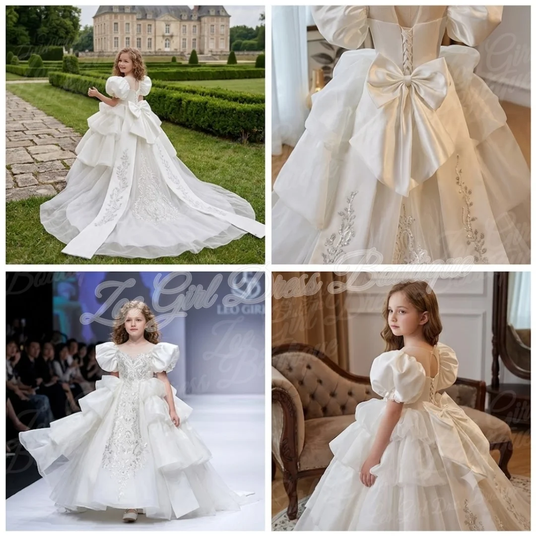 White Tulle Puff Sleeve Back Bow Flower Girl Gowns Gorgeous First Communion Attire Wedding Birthday Party Dresses Customized