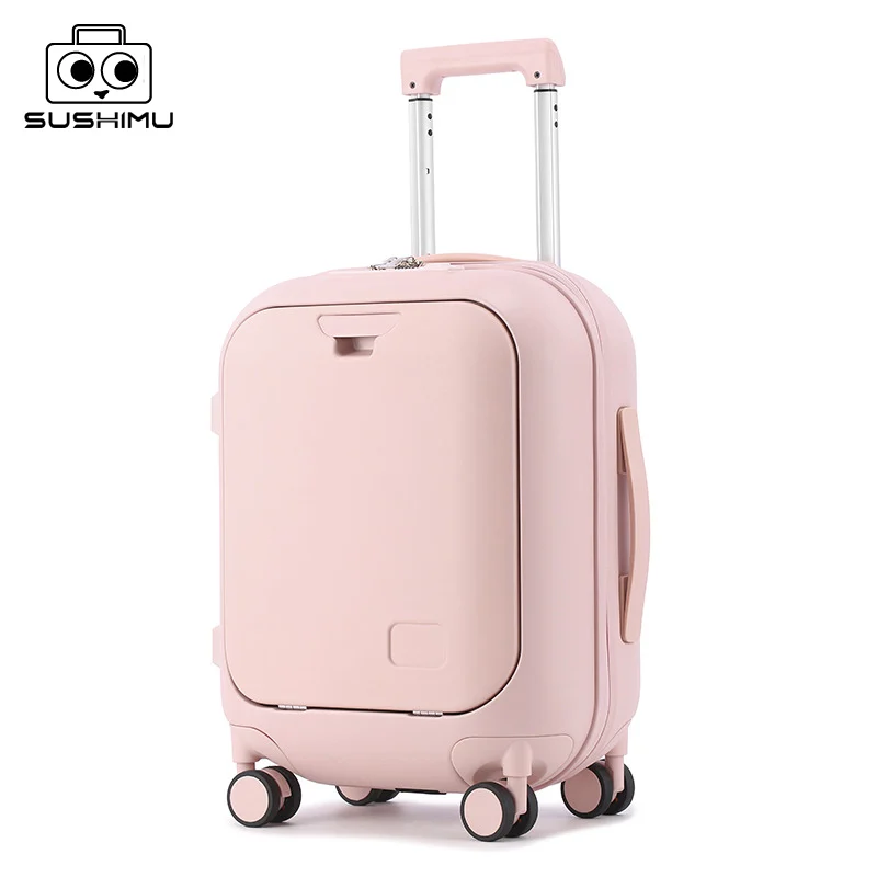 SUSHIMU Front Laptop Pocket Suitcase Wide Handle Travel Suitcase Men 20\'\'Carry-On Luggage Women PC Aluminum Frame Trolley Case 2