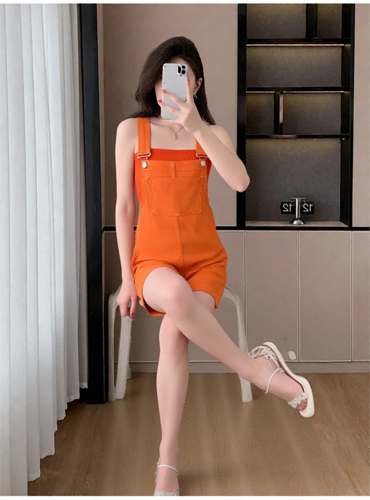 Sweet Woman's Orange Overalls Streetwear Casual Preppy Style Solid Color Suspenders Shorts Jumpsuits 2026 Thin Rompers