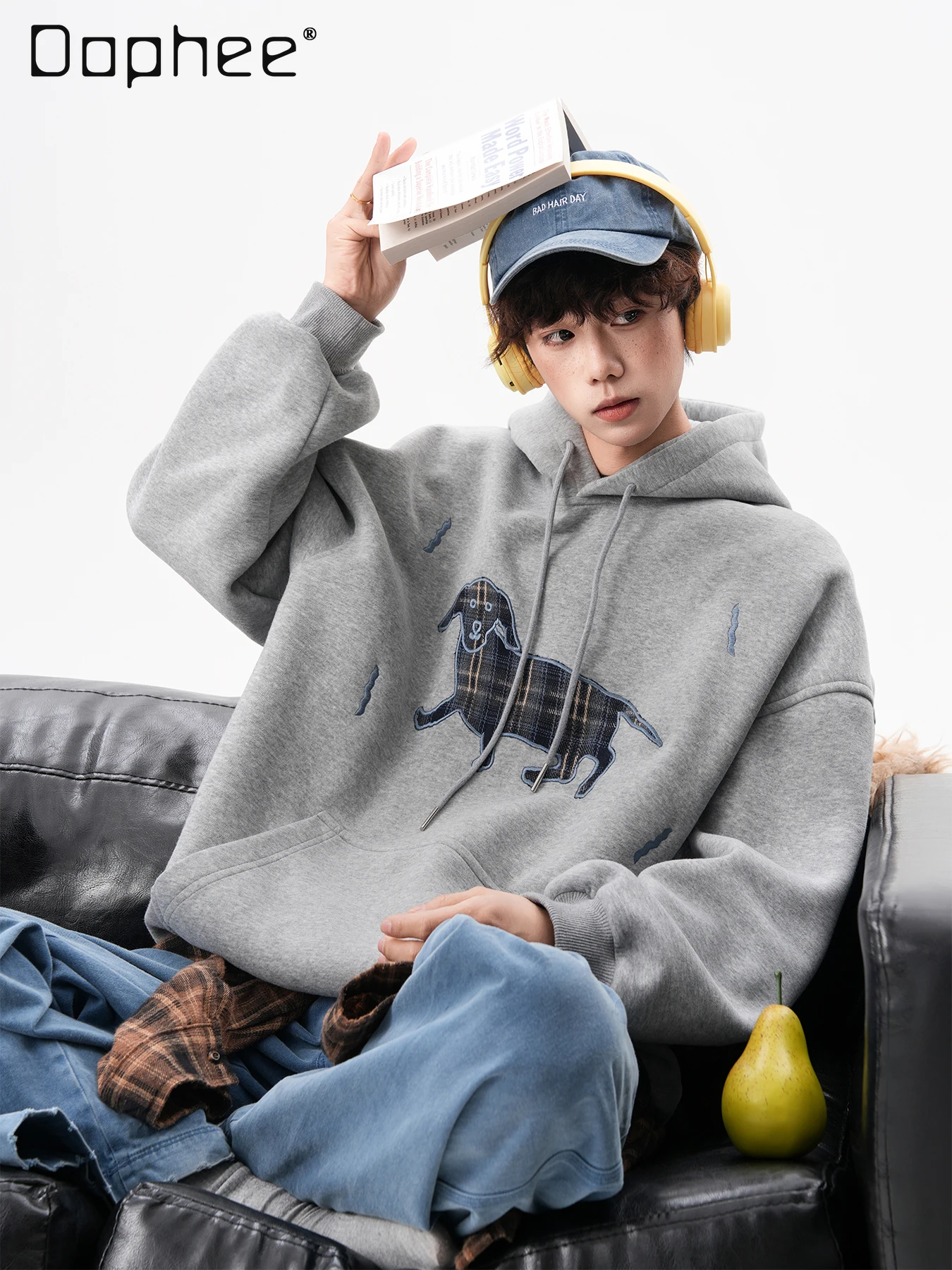 

Spring and Autumn New American Style Puppy Patch Embroidery Gray Hooded Sweatshirt Men's Loose Casual Black Top