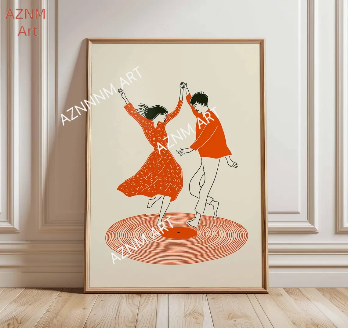 Dancing Couple Wall Art Print, Retro Record Player Poster, M