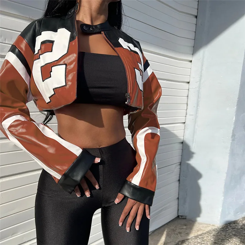 Women Jackets Spring Autumn Fashion Motorcycle Pu Leather Color Blocking Patchwork Crop  Bomber Jacket Long Sleeve Short Coats