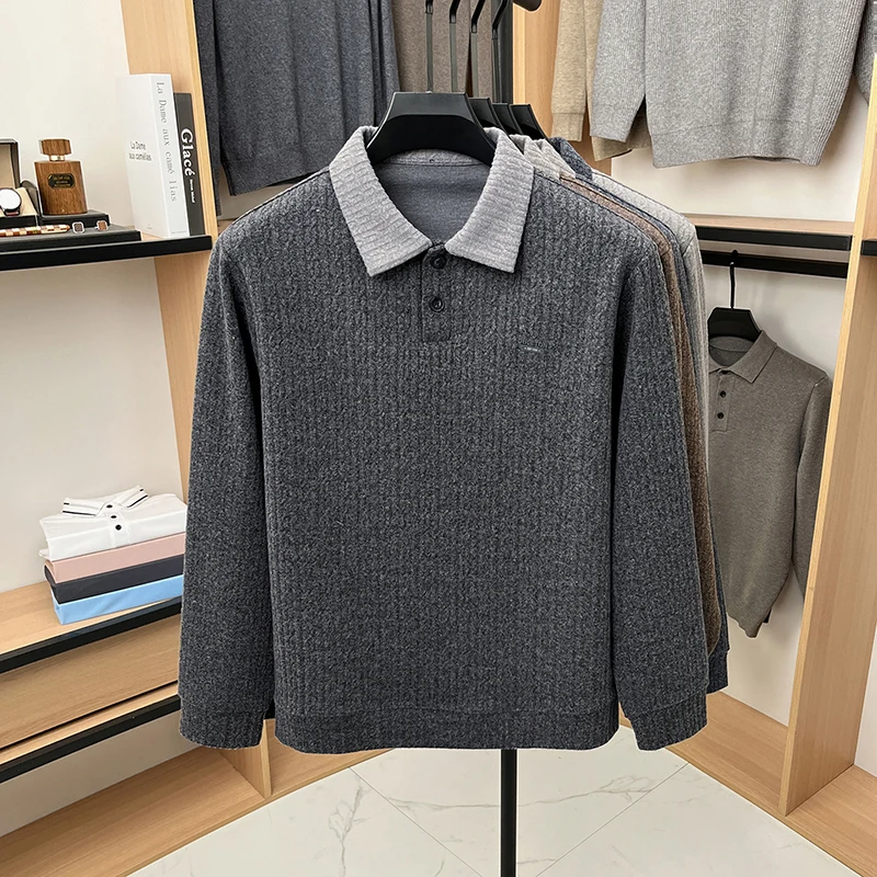 Hochwertiges Herren-Poloshirt mit Print, Herbst-Neuheit, Komfortables Langarm-Shirt mit Kragen, Einfarbiges T-Shirt, Modische Business-Herrenbekleidung – Detail 8
