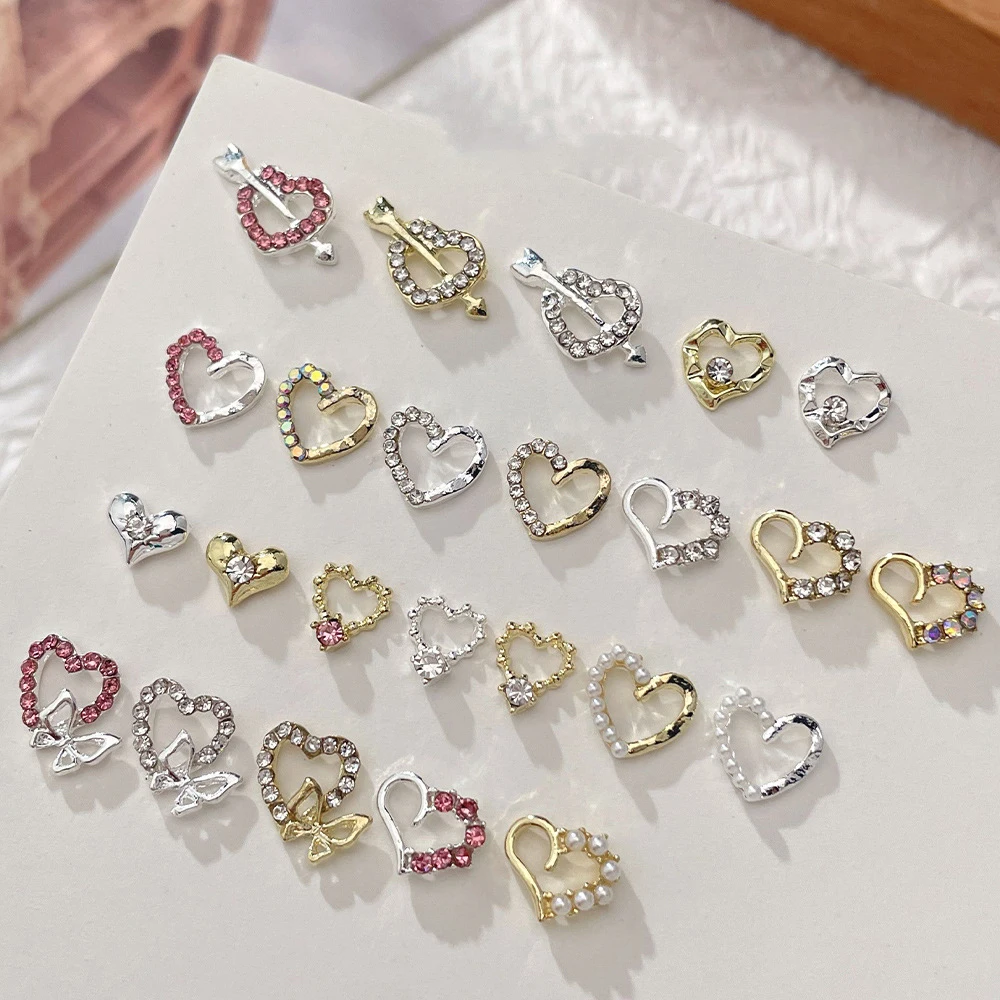 10Pcs Heart Love Nail Art Charm 3D Luxury Diamond Pearl Valentine's Day Alloy Series Nail Ornament DIY Exquisite Nail Decoration