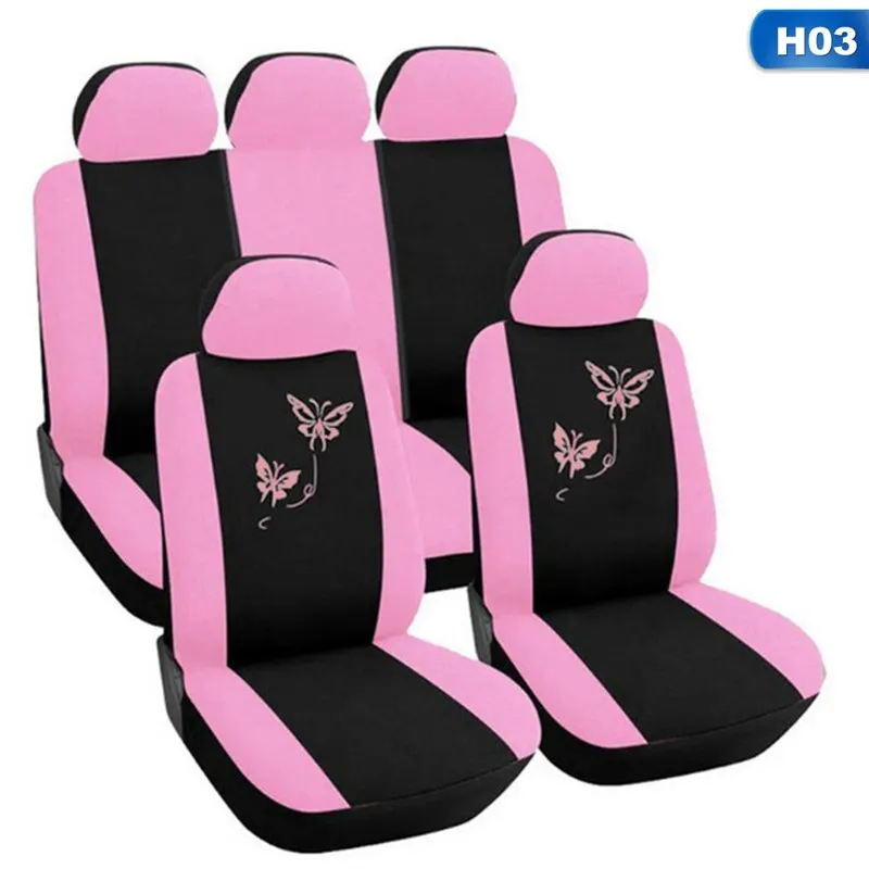 9/4 Pcs/Set Car Seat Cover Cushion Universal Automobiles Seat Interior Trim Universal Covers Embroidery Style Pink Purple