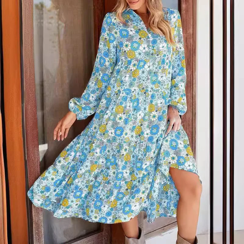 

2024 Women's Casual Loose Bohemian Flower Dress Long sleeved Bubble Sleeves V-neck Pleated A-line Skirt