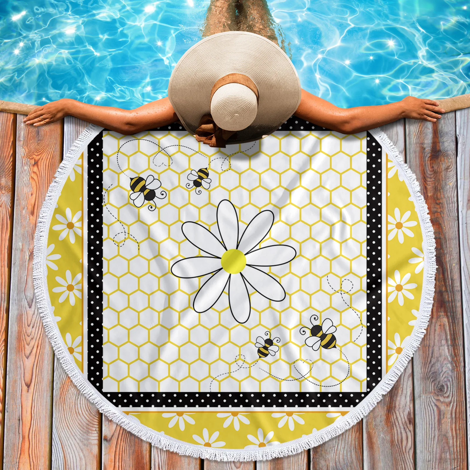 Daisy Flower Hive Bee Quick Dry Towel Large Round Beach Towel For Adult Microfiber Shower Bath Towel Swimming Cover