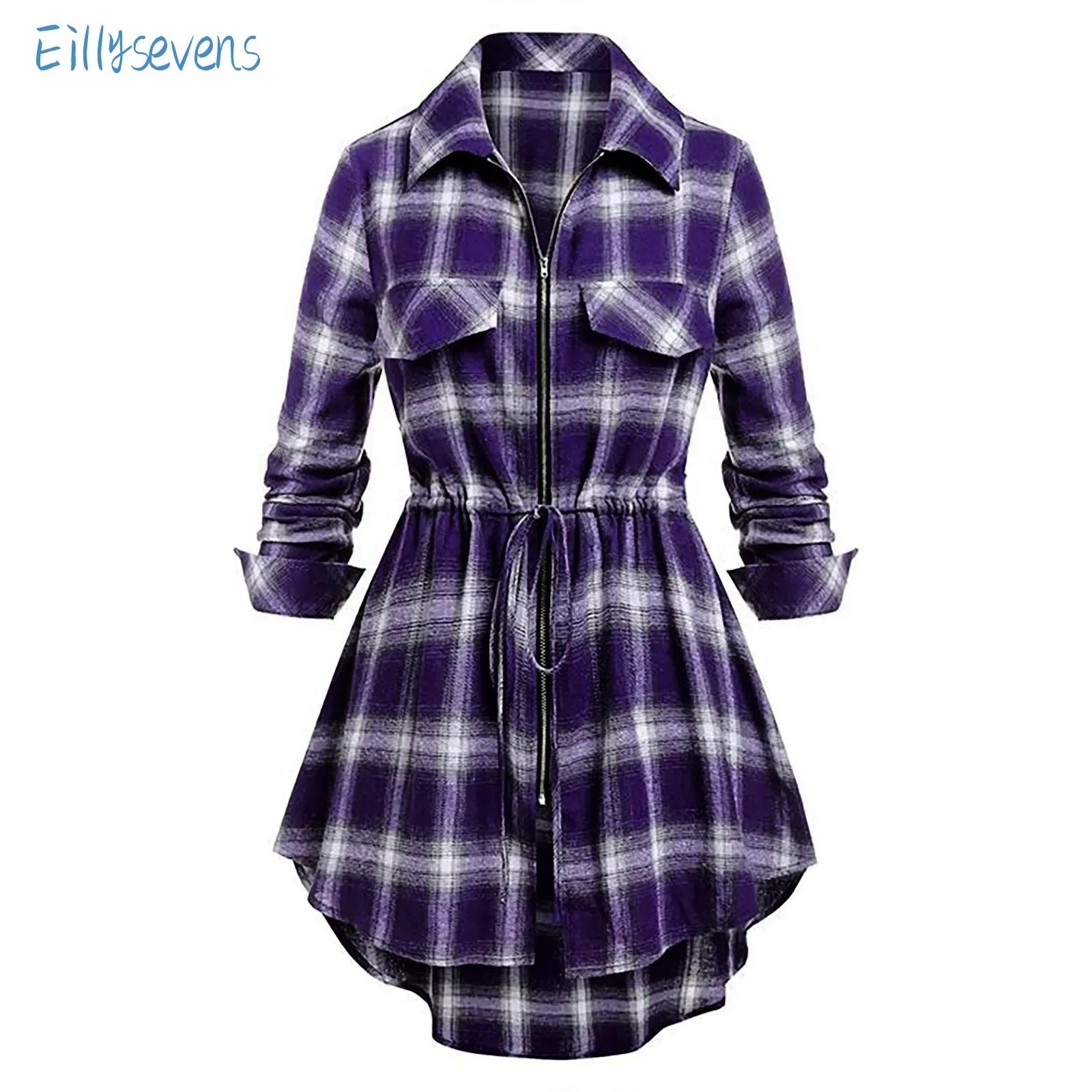 Women'S Mid Length Shirts Classic Vintage Plaid Zip-Up Long Sleeve Fitting Shirts Drawstring Waist All-Match Daily Commute Shirt