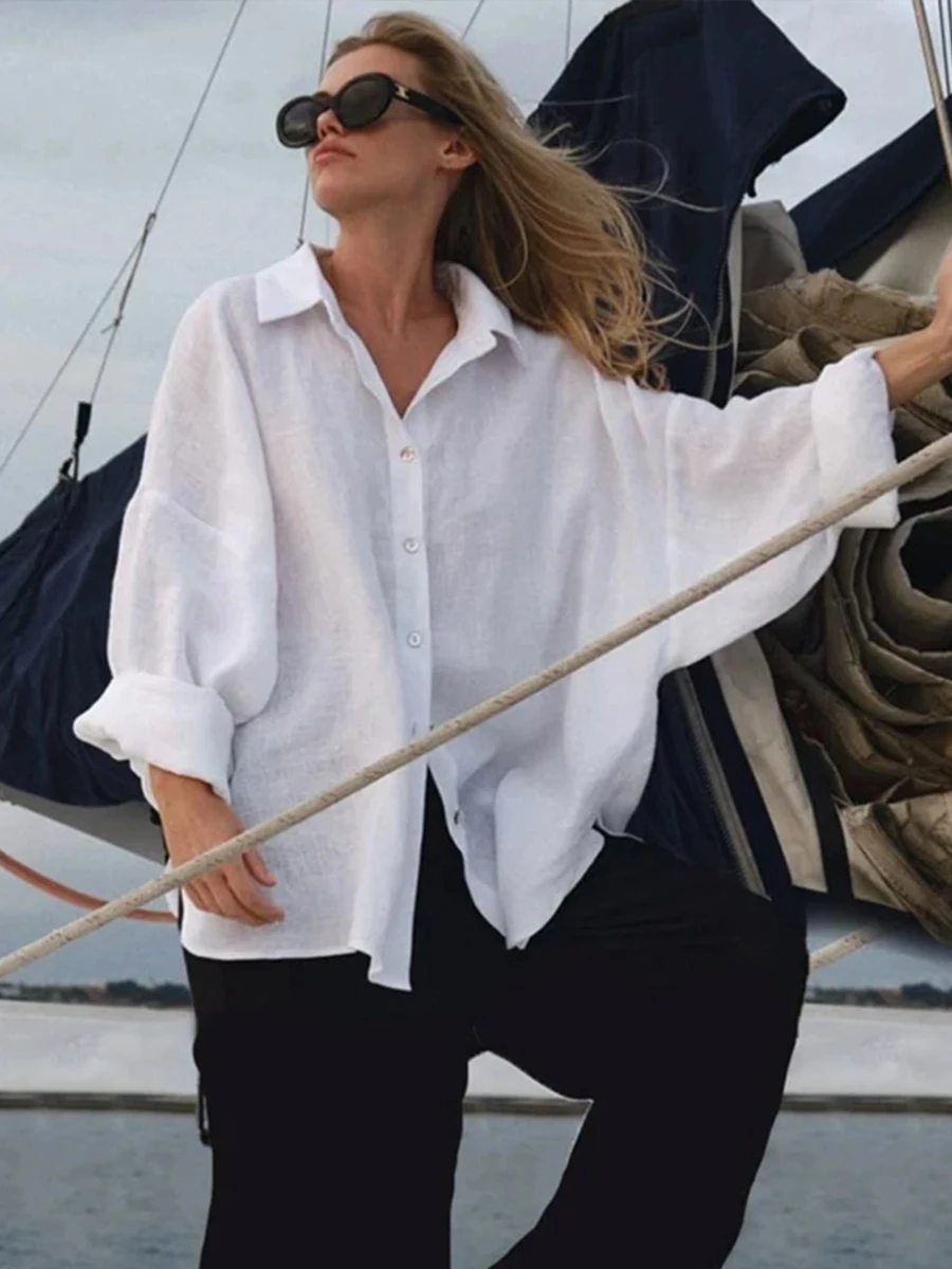 

Cotton White Long Sleeve Blouse Women Summer New Turndown Collar Single Breasted Chic Blouses Simple Casual Fashion Shirt Tops