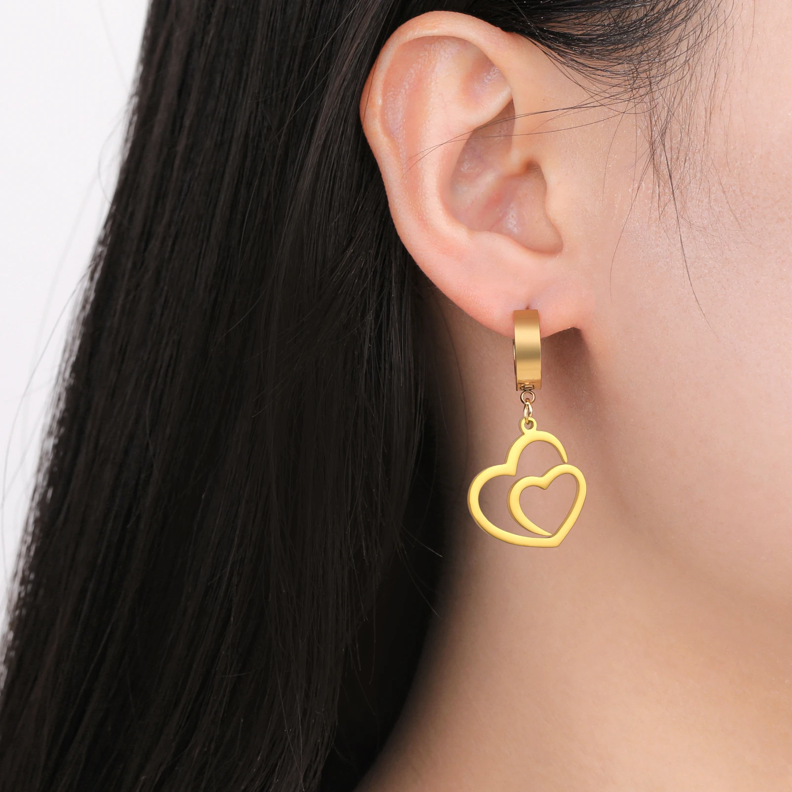 COOLTIME Doppelte Liebesherz-Tropfenohrringe für Damen aus Edelstahl ﻿ Goldfarbene modische Hochzeitsohrringe, Schmuck, hübsches Geschenk – Detail 11