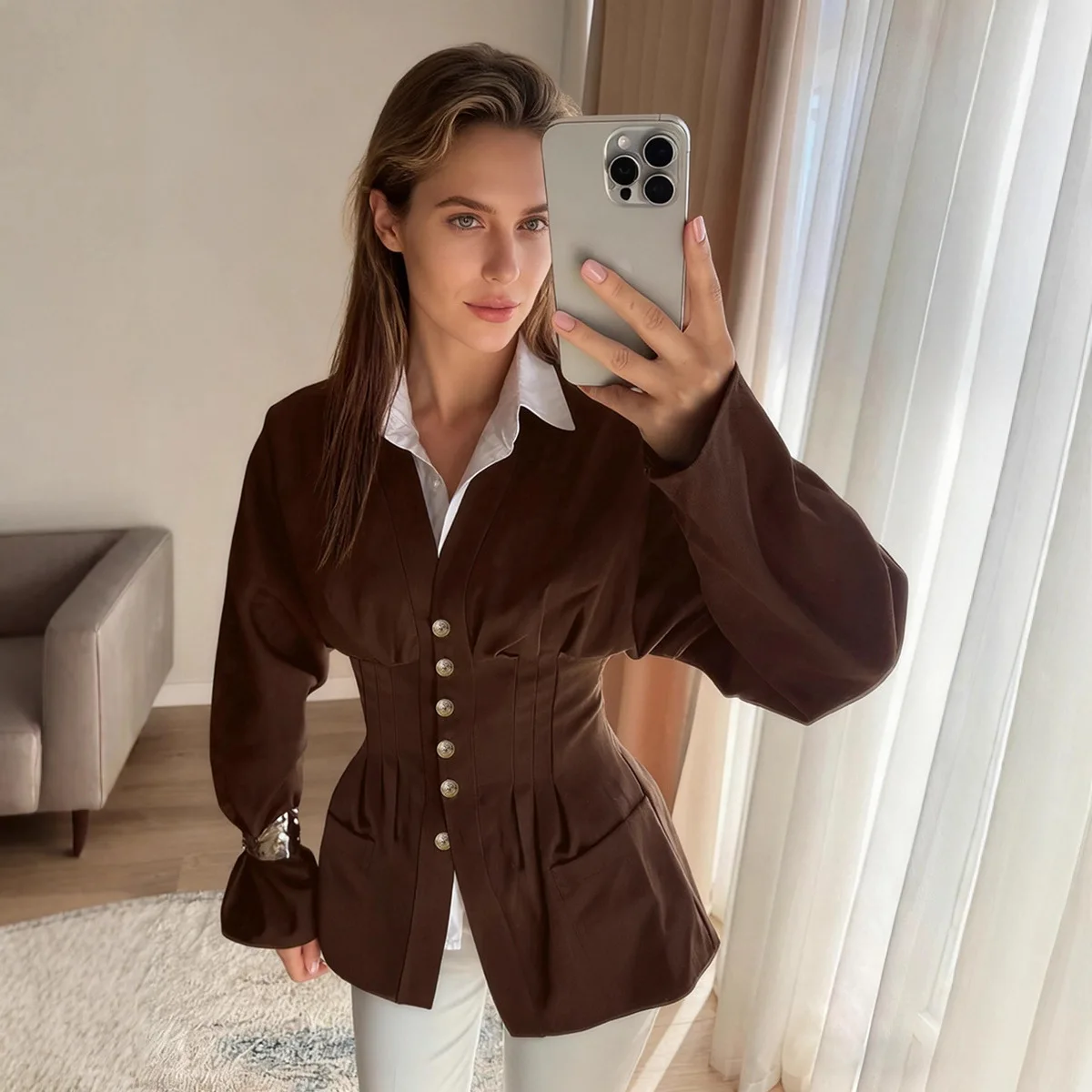 Elegant Corset Waist Blazer for Women, V-Neck Puff Sleeve Tailored Jacket with Gold Buttons, Fitted Office & Daily Wear