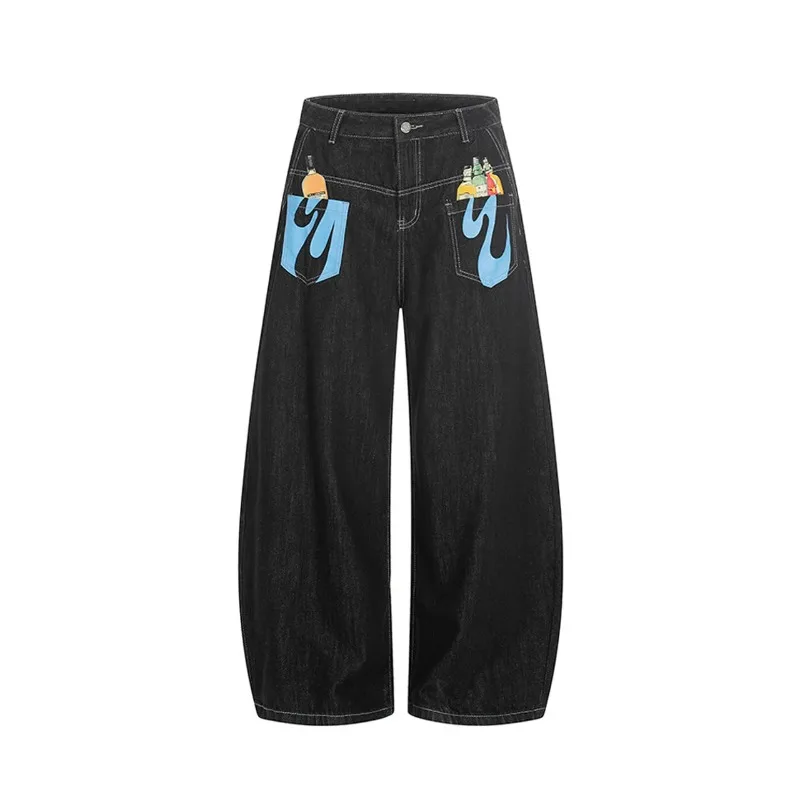 Streetwear Men's Graphic Print Jeans Flame Bottle Pattern Wide Leg Baggy Fit Casual Premium Black Denim Pant