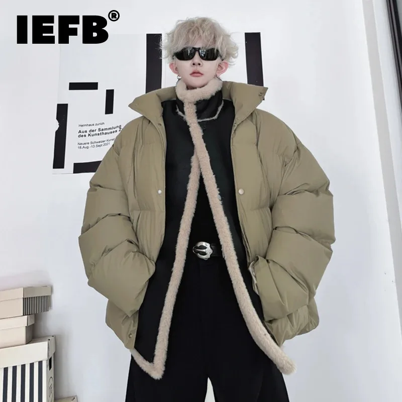 IEFB Thickened Men's Padded Coats PU Leather Fake Two-piece Patchwork Single Breasted Korean Contrast Color Menswear New 9C8629