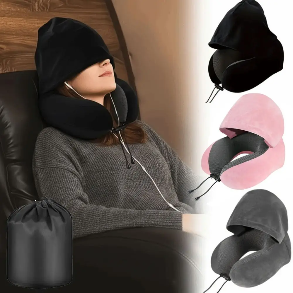 Removable Travel Neck Pillow Adjustable with Storage Bag Hooded Pillow Comfortable Soft Support U-shaped Pillow with Cap