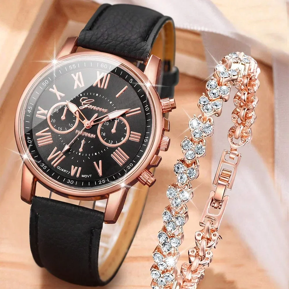 2pcs Luxury Fashion Women Watch Set PU Leather Strap Ladies Quartz Wristwatch Rhinestone Alloy Bracelet For Ladies Gift