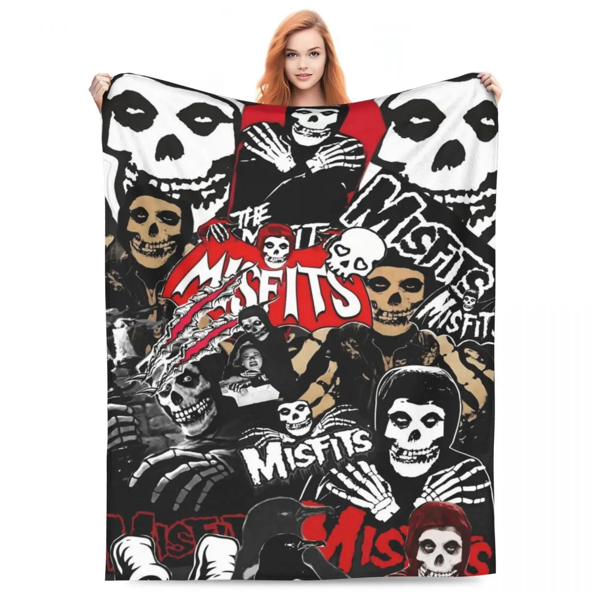 Benutzerdefinierte Heavy Metal Misfits Totenkopf-Decke, warmes Fleece, weiche Flanell-Überwurfdecken für Schlafzimmer, Sofa, Büro, Frühling
