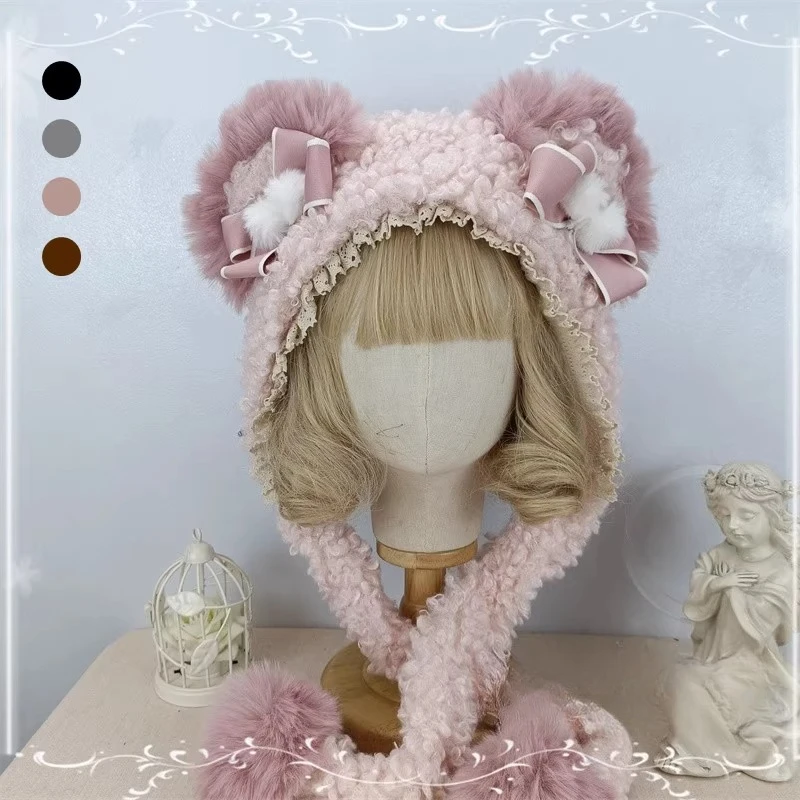 

Original Autumn and Winter New Bear Ear Lei Feng Hat Thickened Plush Warm Ear Protection Hat Cute and Sweet Lolita Hat