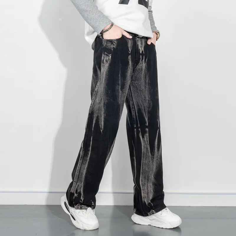 타이다이 레트로 청바지 소년 및 청소년용, 루즈 와이드 레그 팬츠, 아메리칸 스트리트 훌리건 멋진 블랙 롱 팬츠