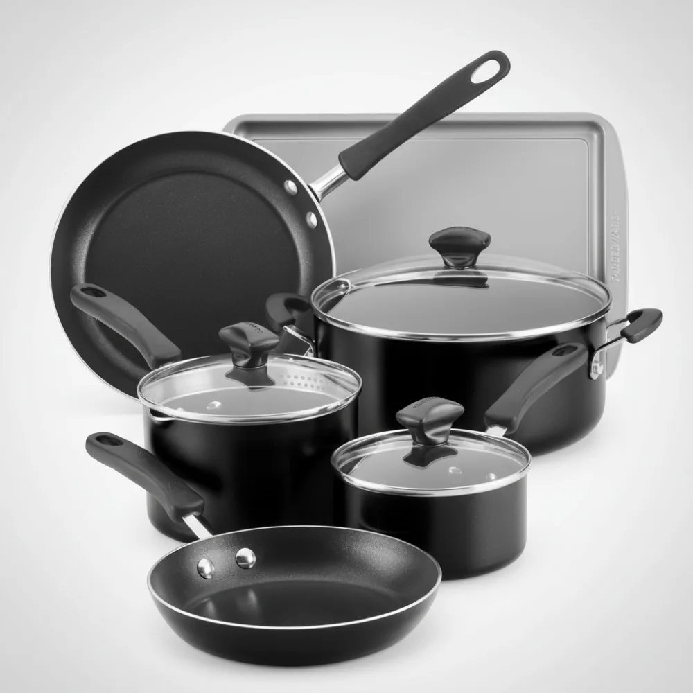 

Premium 15-Piece Nonstick Cookware Set with Glass Lids, Dishwasher Safe Kitchen Cooking Tools - Black