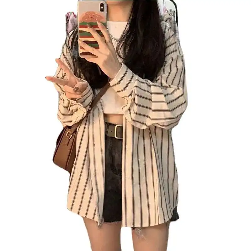 

Summer Striped irt Jaet Women's Korean Design Sense Long Sve Polyester Fiber Spring Collection Faionable Ladies...