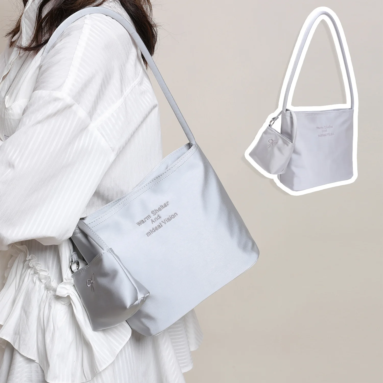 Silk lady's handbag, change purse, large capacity water bucket bag, lightweight single shoulder tote bag