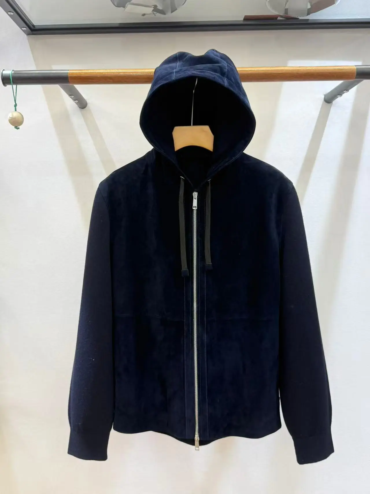 Navy Suede Effect Zip Up Hooded Casual Jacket For Men