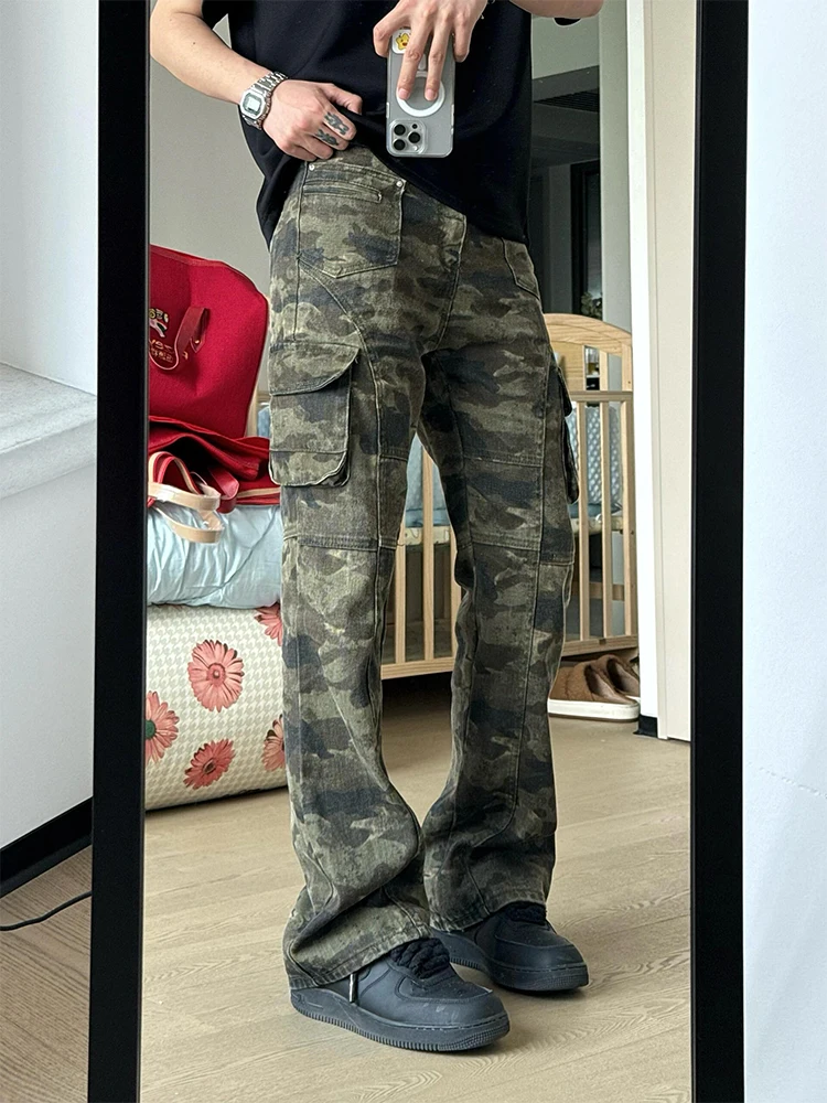

American Retro Camouflage Work Pants Men's High Waist Straight Leg Jeans Summer Trendy Loose Fit Wear Resistant Straight Tube