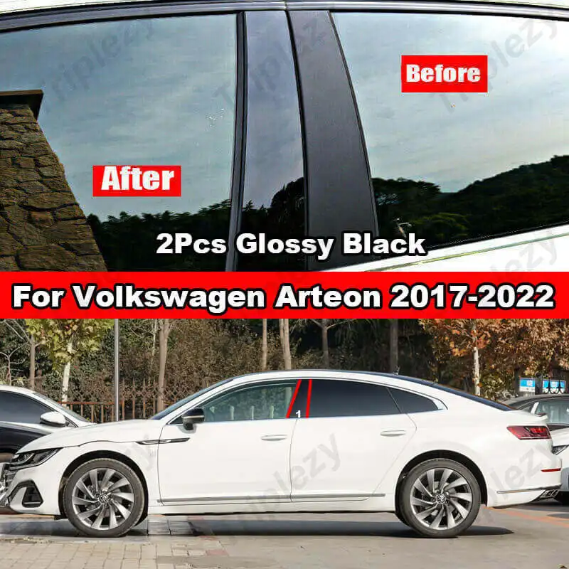 For Volkswagen Arteon 2017-2022 2Pcs Glossy Black/Carbon Fiber Car PC Material Pillar Post Cover Trim Window Molding Sticker