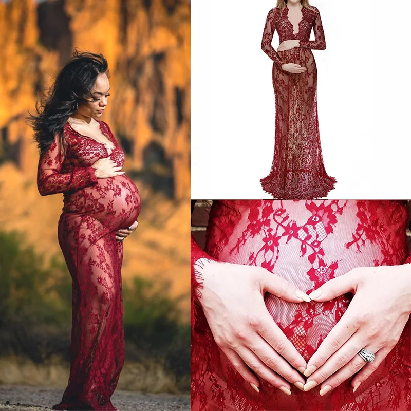 

Pregnancy Dress for Photo Shoot Maternity Photography Props Sexy V Neck Lace Maxi Gown Dress Plus Size Pregnant Women Clothes