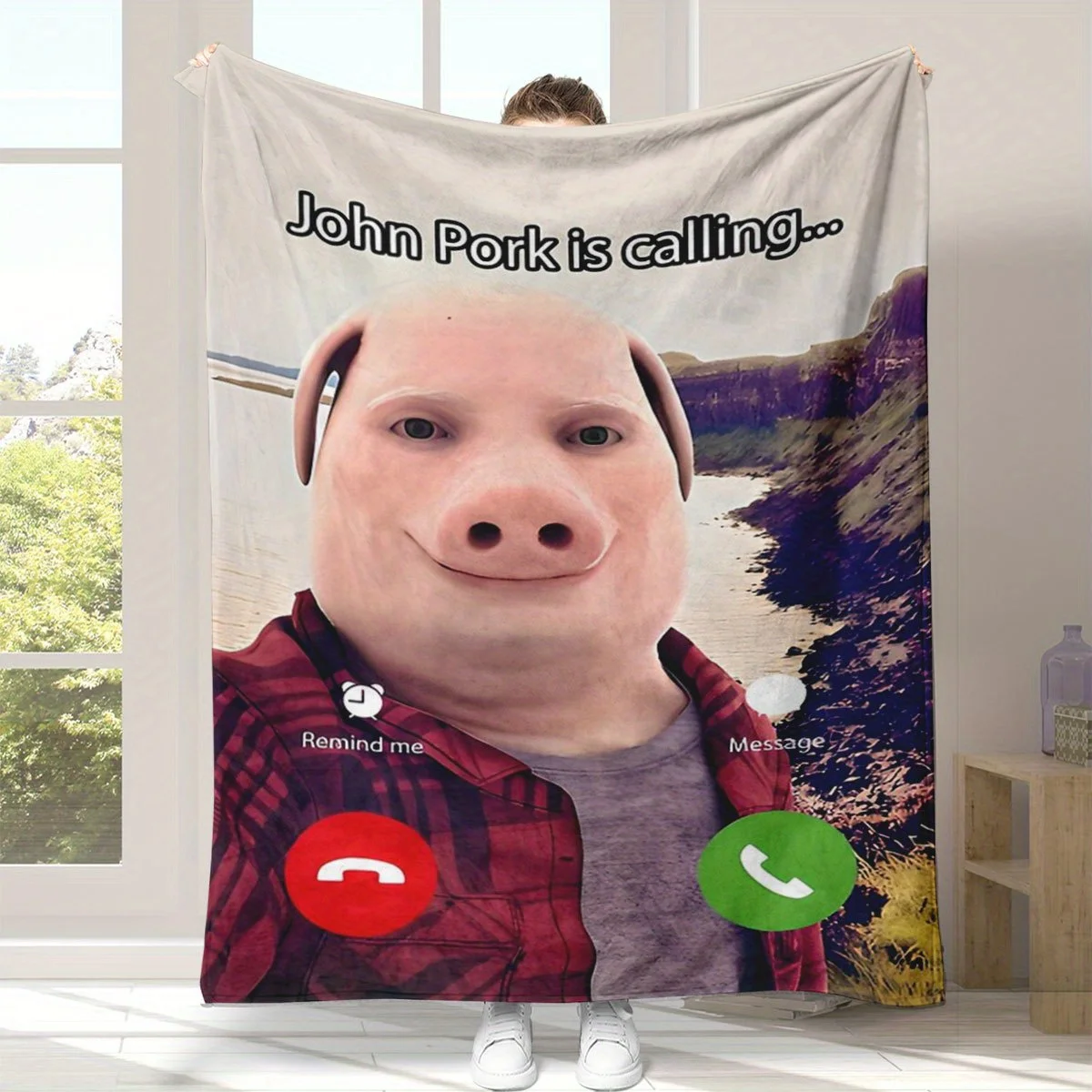 Cute Pig Call Pattern Flannel Blanket, Hypoallergenic Fabric, Digital Print, Suitable for All Seasons, Multi-Purpose, Stylish De