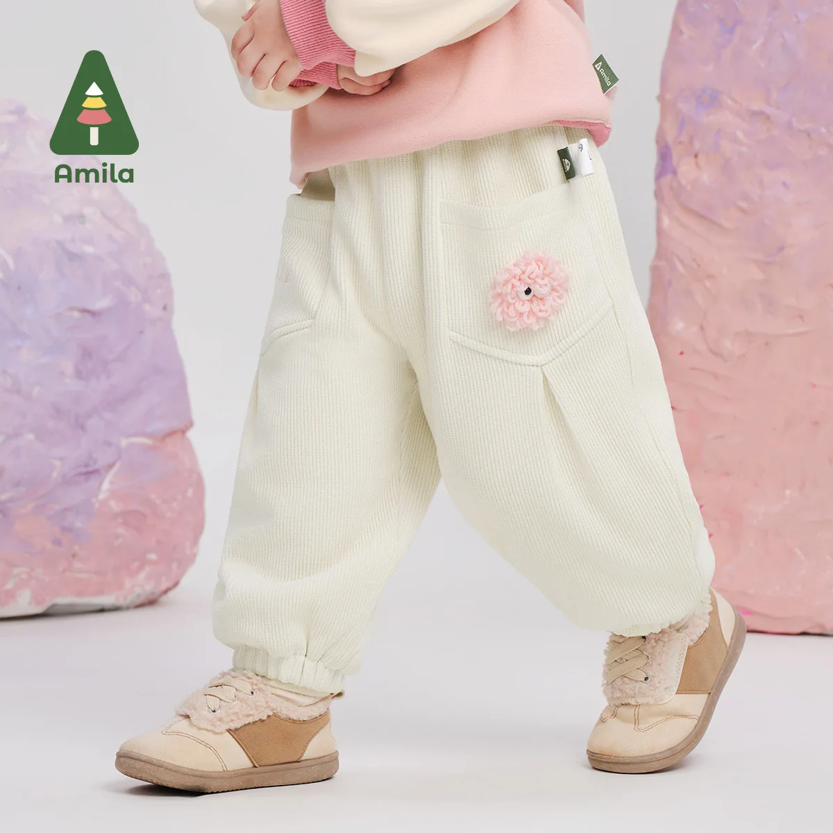 Amila Baby Trousers 2024 Winter New Contrast Color Girls Solid Color Cute Warm Plus Velvet Skin-Friendly Children\'s Casual Pants