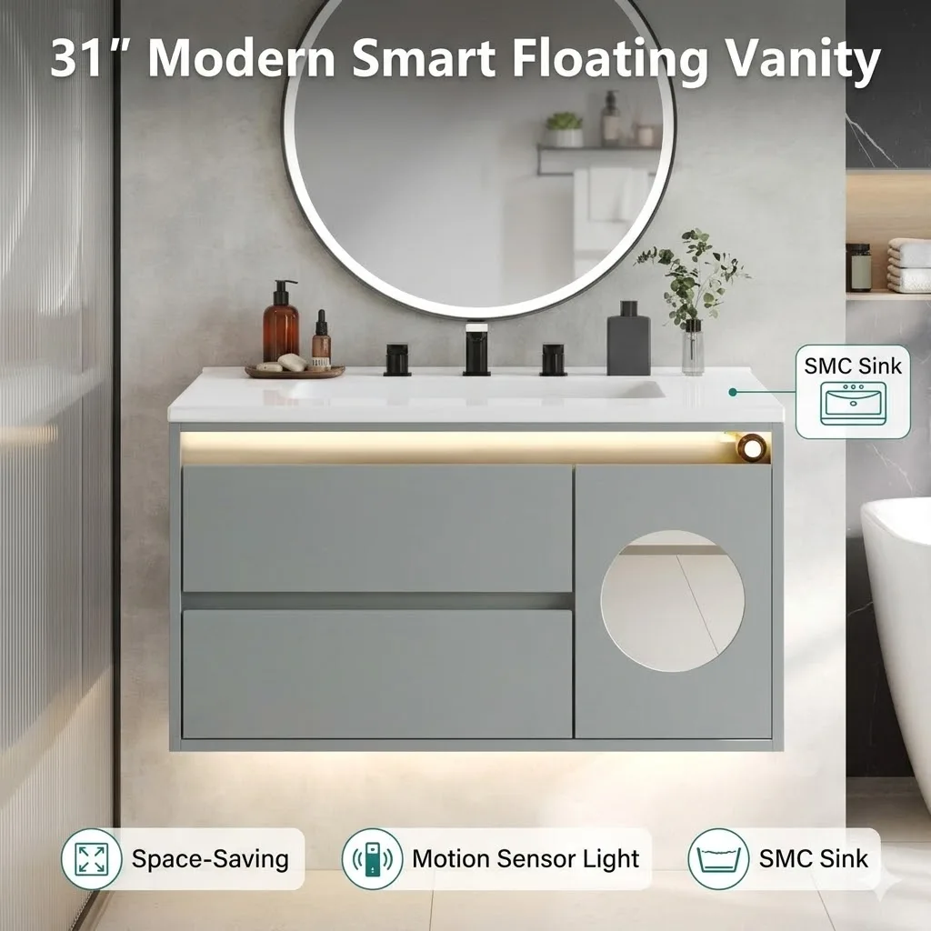 Modern Floating Bathroom Vanity Sensor Light Bathroom Vanity Cabinet Space-Saving Smart Bathroom Cabinet With Sink