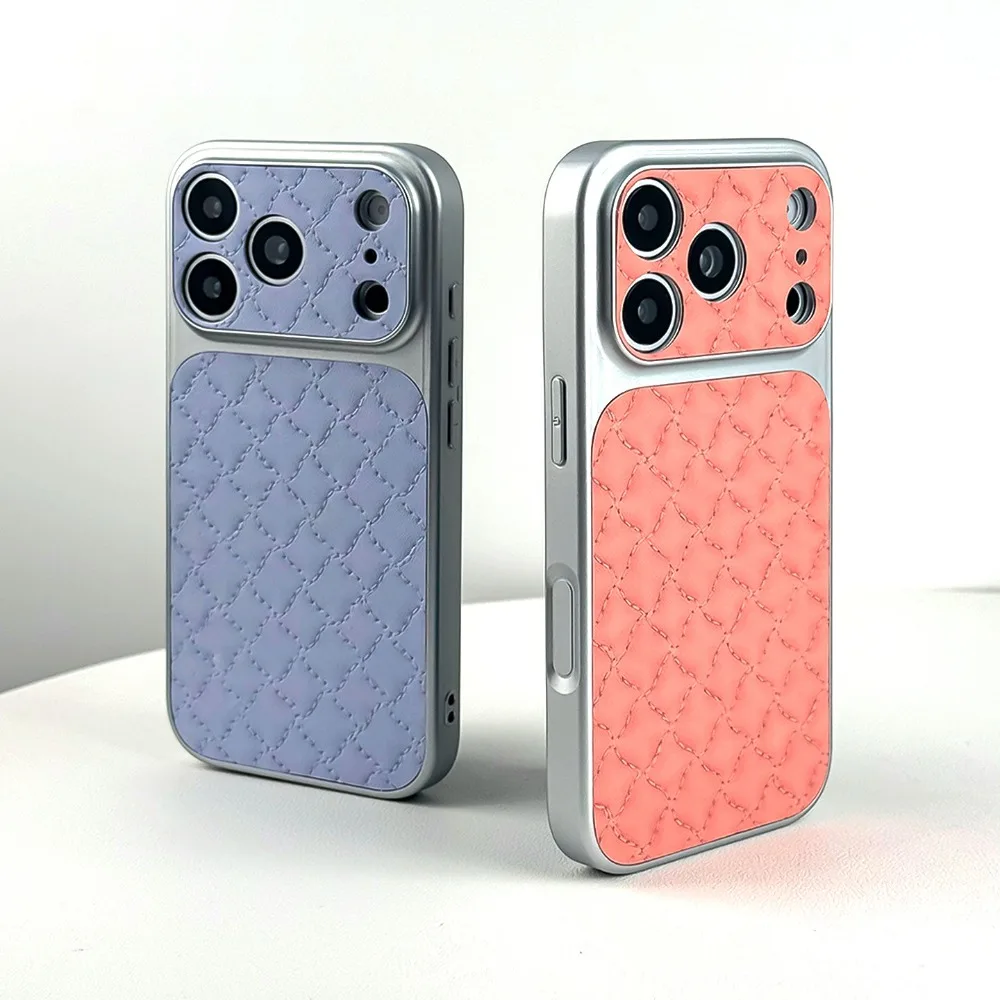 For iPhone 17 Pro Max Case Pink Quilted Leather Window Design Slim Shockproof Compatible with iPhone 16 15 14 13