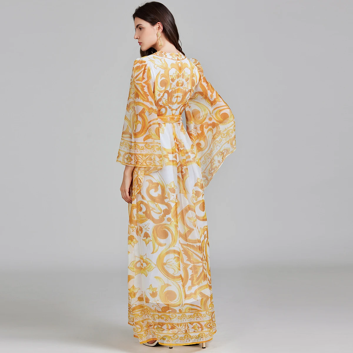 Robe longue en mousseline de soie jaune et blanche pour femme, col en V, manches évasées, ceinture à lacets, robe taille haute, vêtements de vacances Boho, automne