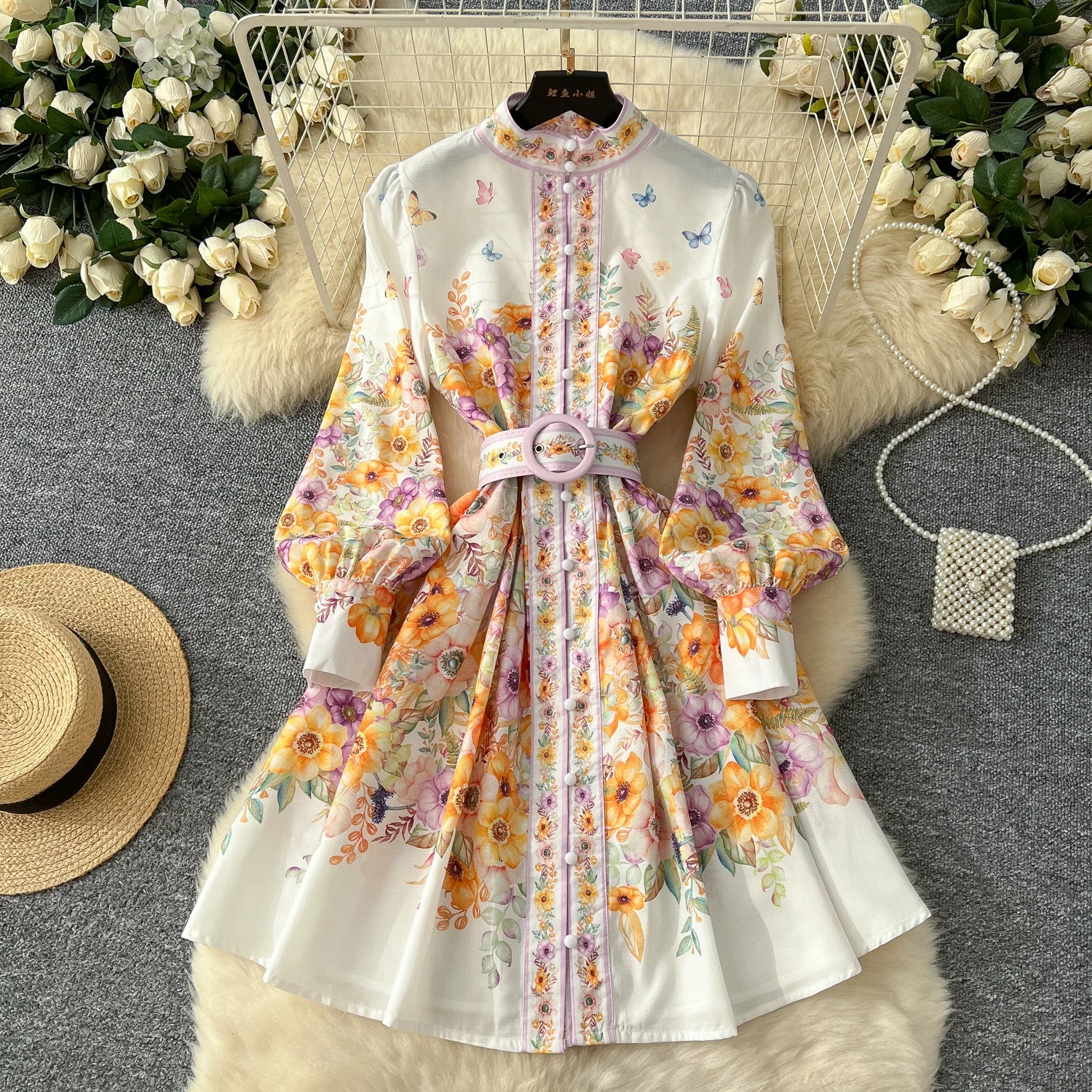 Elegant Lantern Sleeves Vintage Stand Collar Chic พิมพ์แฟชั่น Sashes Slim Single Breasted Dresses High Street ฤดูใบไม้ร่วงเสื้อผ้า