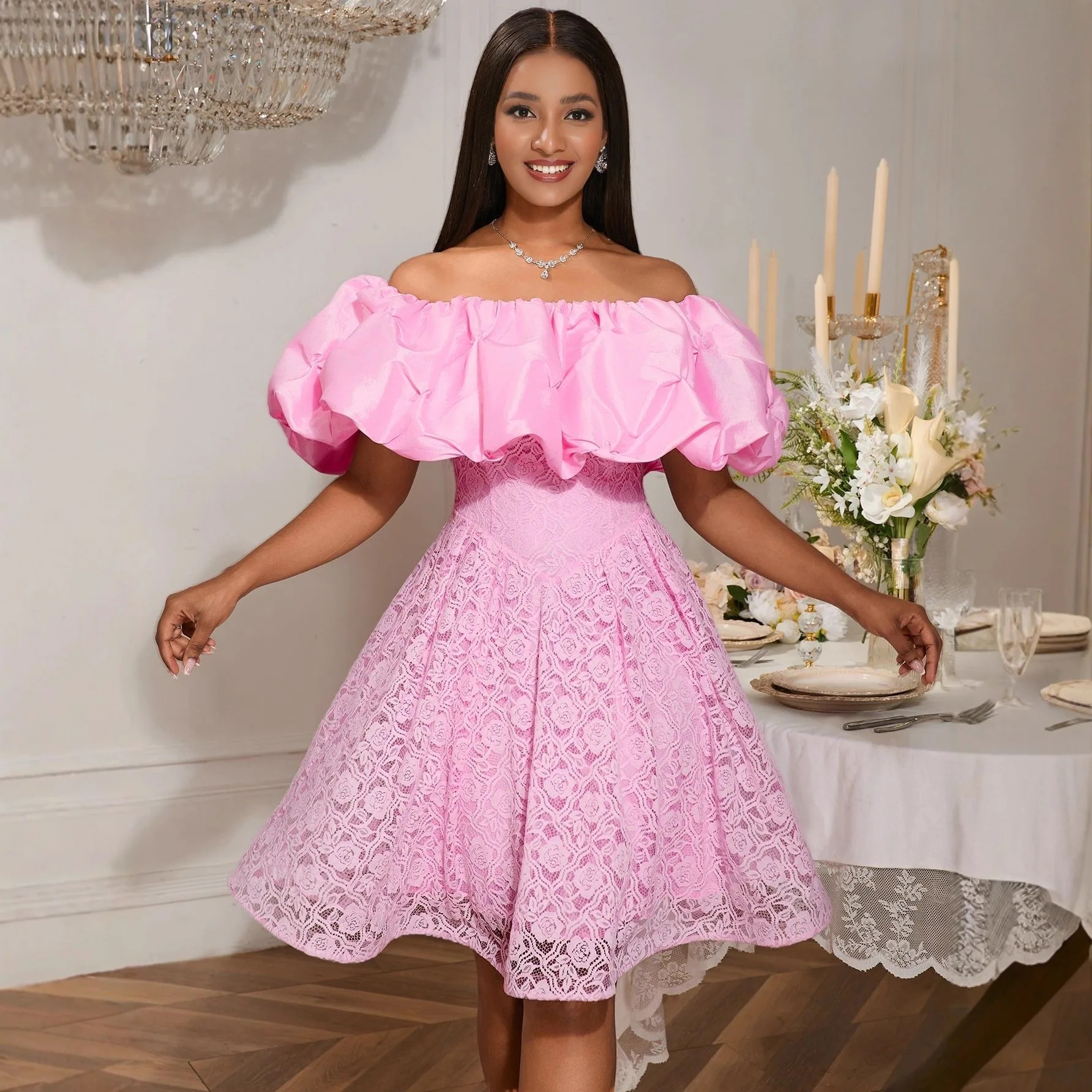 

Summer 2025 One-Shoulder Bubble Sexy Dress Lace Cinched Waist Elegant A-Line Party Dress Fashion Design