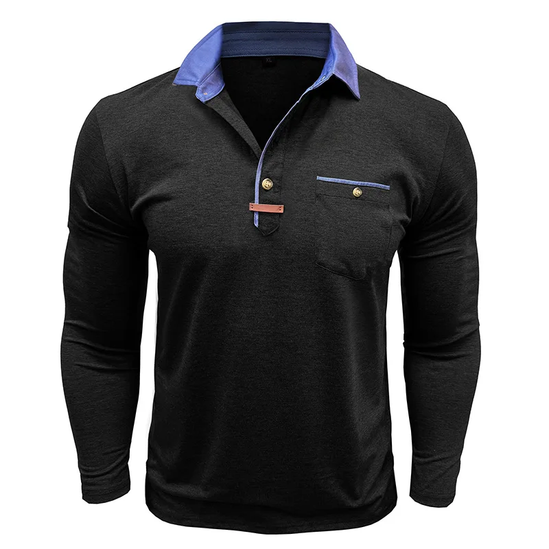 Langarm-Poloshirt für Herren, lässig, schmale Passform, Henley-Kragen, T-Shirt mit Tasche, Smart Blend Tops – Detail 27