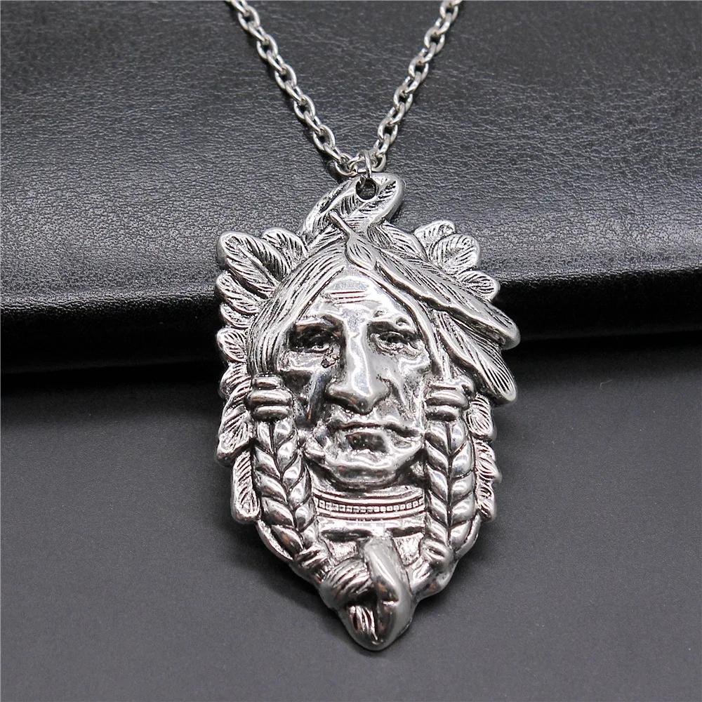 Dropshipping Antique Silver Plated 59x36mm Indian Chief Pendant Necklace For Women Men Long Chain Trendy Jewelry Accessories