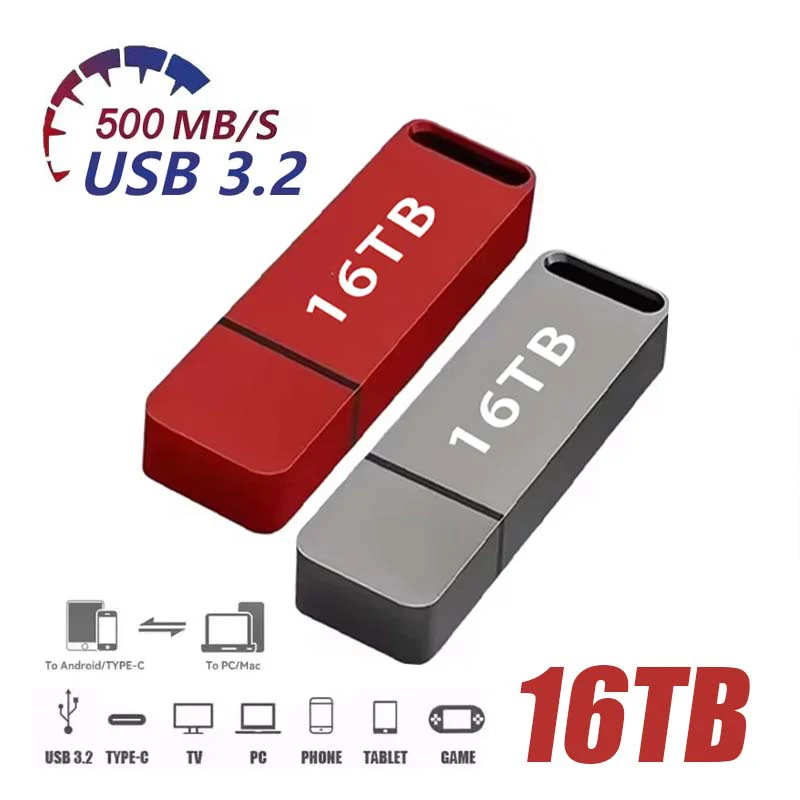 Metal USB Flash Drive High Speed Transfer Lanyard Portable USB Flash Drive Large Capacity 2TB 4TB 8TB 16TB USB3.2 Mobile Storage