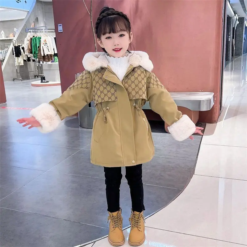 Girls Down Down Coat Jacket Cotton Outerwear Windbreak 2023 Khaki Thicken Velvet Winter Warm Snowsuit Children\'s Clothing